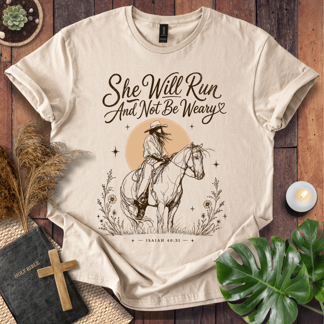 A vintage cream t-shirt featuring a sketched cowgirl on a horse under a desert sun with Isaiah 40:31.