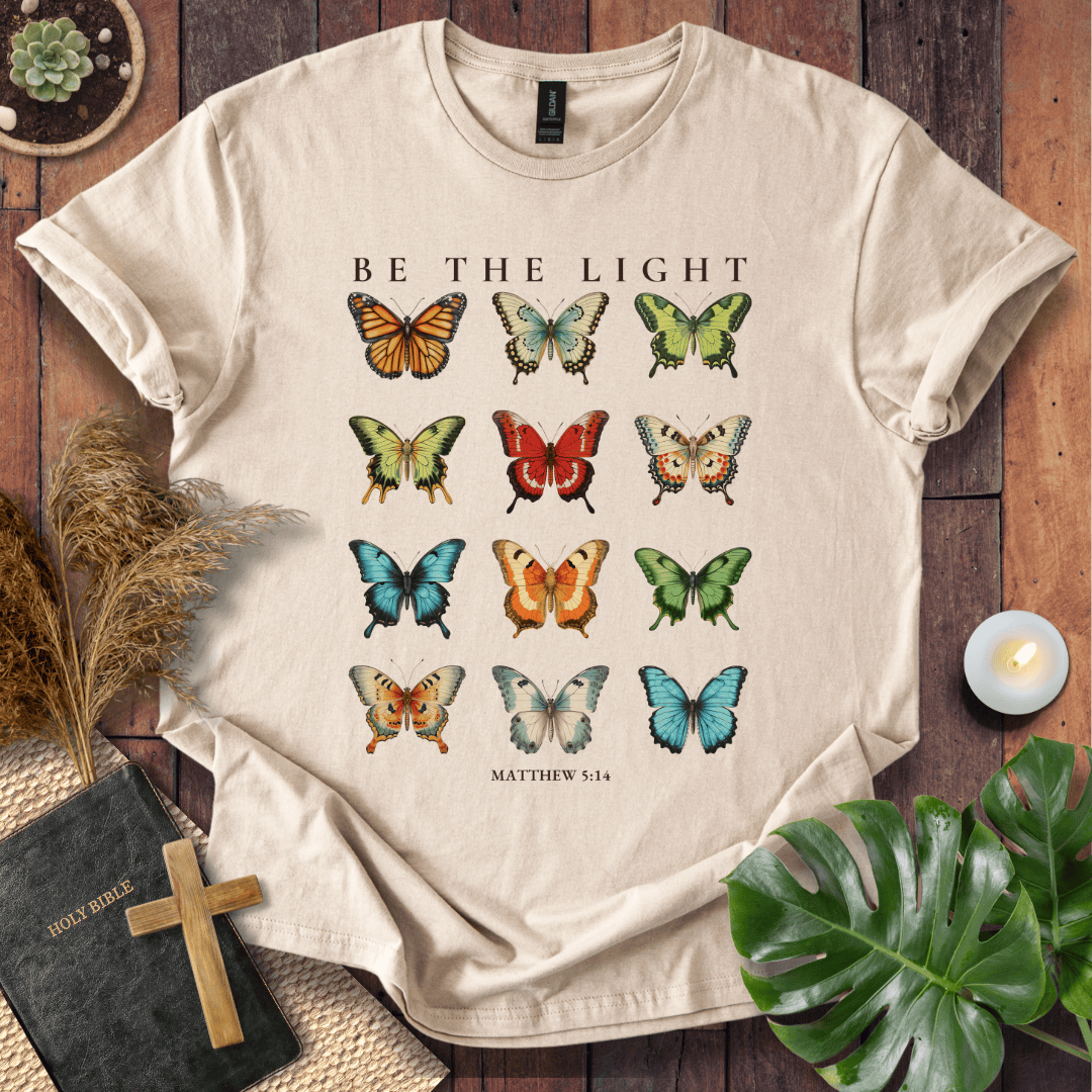 t-shirt featuring 12 vintage-style butterflies with Matthew 5:14 scripture.