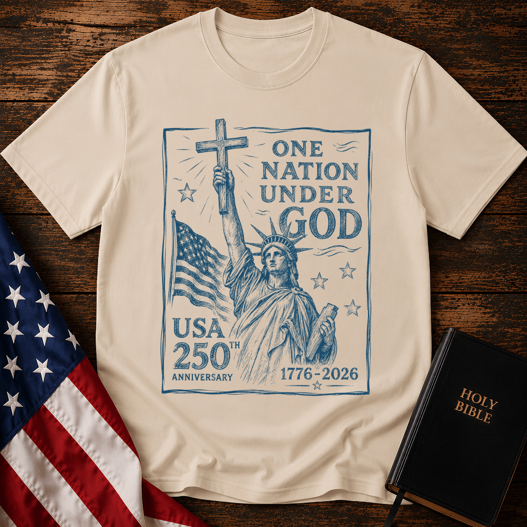 Statue of Liberty holding a cross on a patriotic Christian t shirt next to an American flag and Holy Bible.