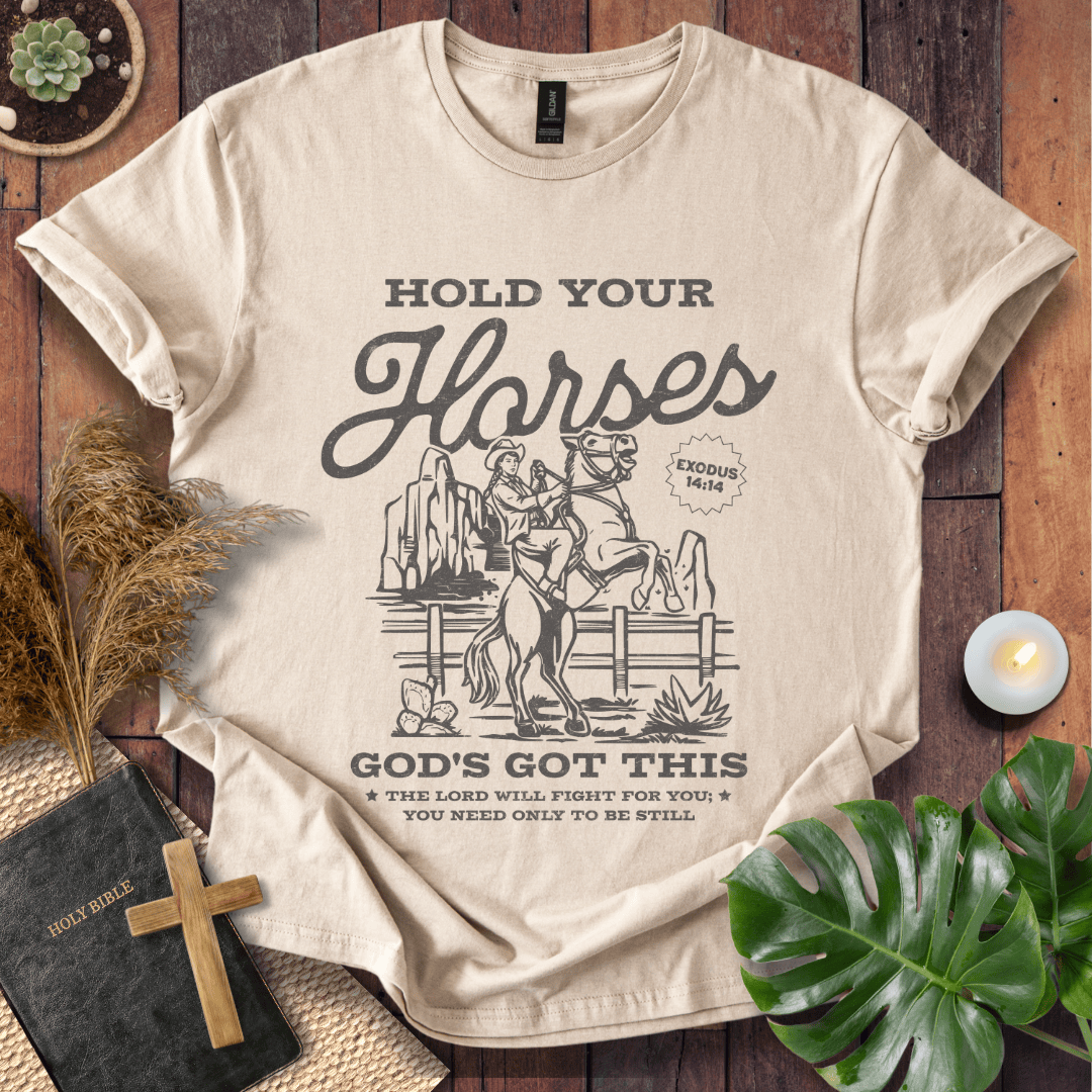 Vintage t-shirt with a cowgirl on a rearing horse and Exodus 14:14 bible verse scripture for women's western style.