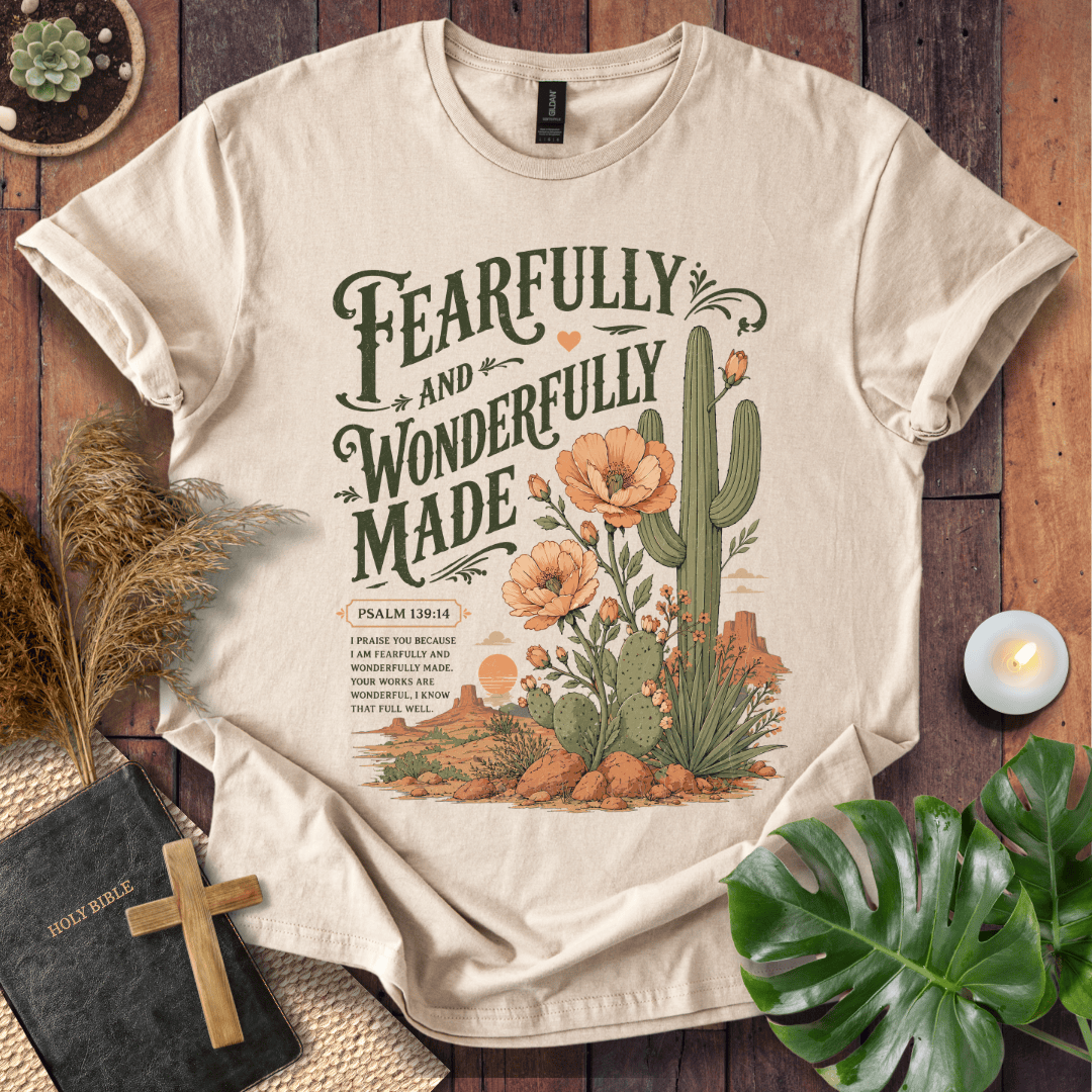 t-shirt featuring a saguaro cactus, desert flowers, and the text Fearfully and Wonderfully Made Psalm 139:14.
