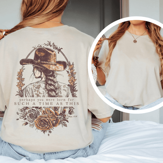 t-shirt featuring a Western girl with a braid and cowboy hat surrounded by roses and Esther 4:14 text.
