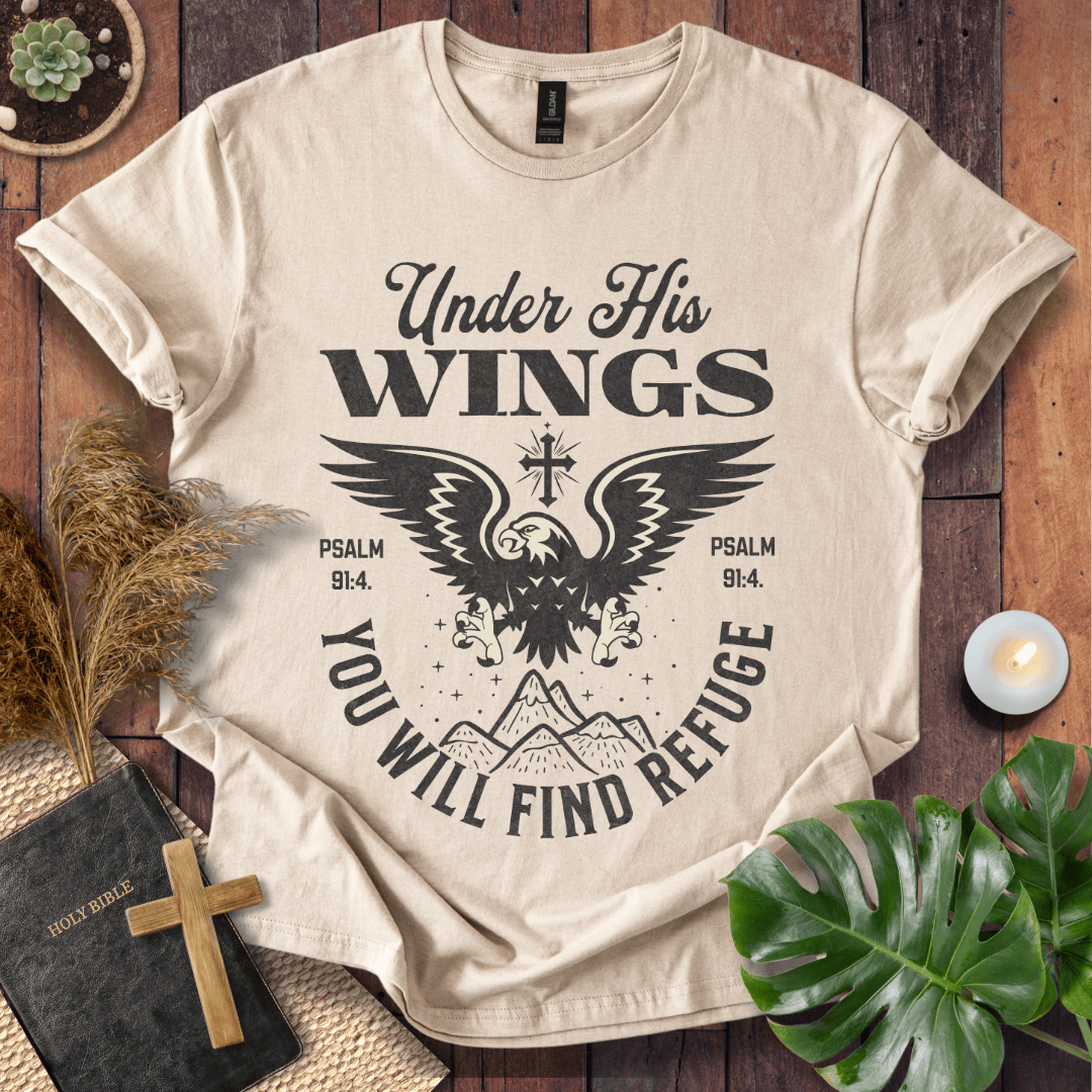 t-shirt with a vintage eagle, mountains, and Psalm 91:4 scripture text "Under His Wings You Will Find Refuge."