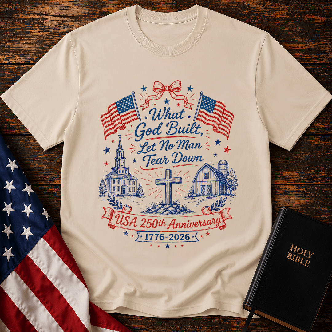 Patriotic Christian t shirt with American flags, a cross, a historic church, and text reading What God Built Let No Man Tear Down.