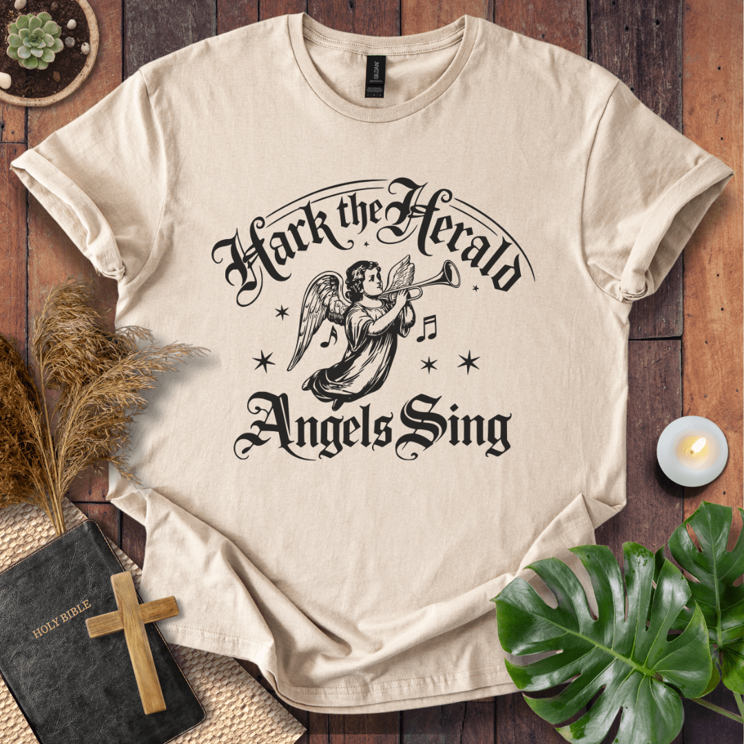 Inspirational Christian t-shirt with angel and music notes – Hark the Herald design
