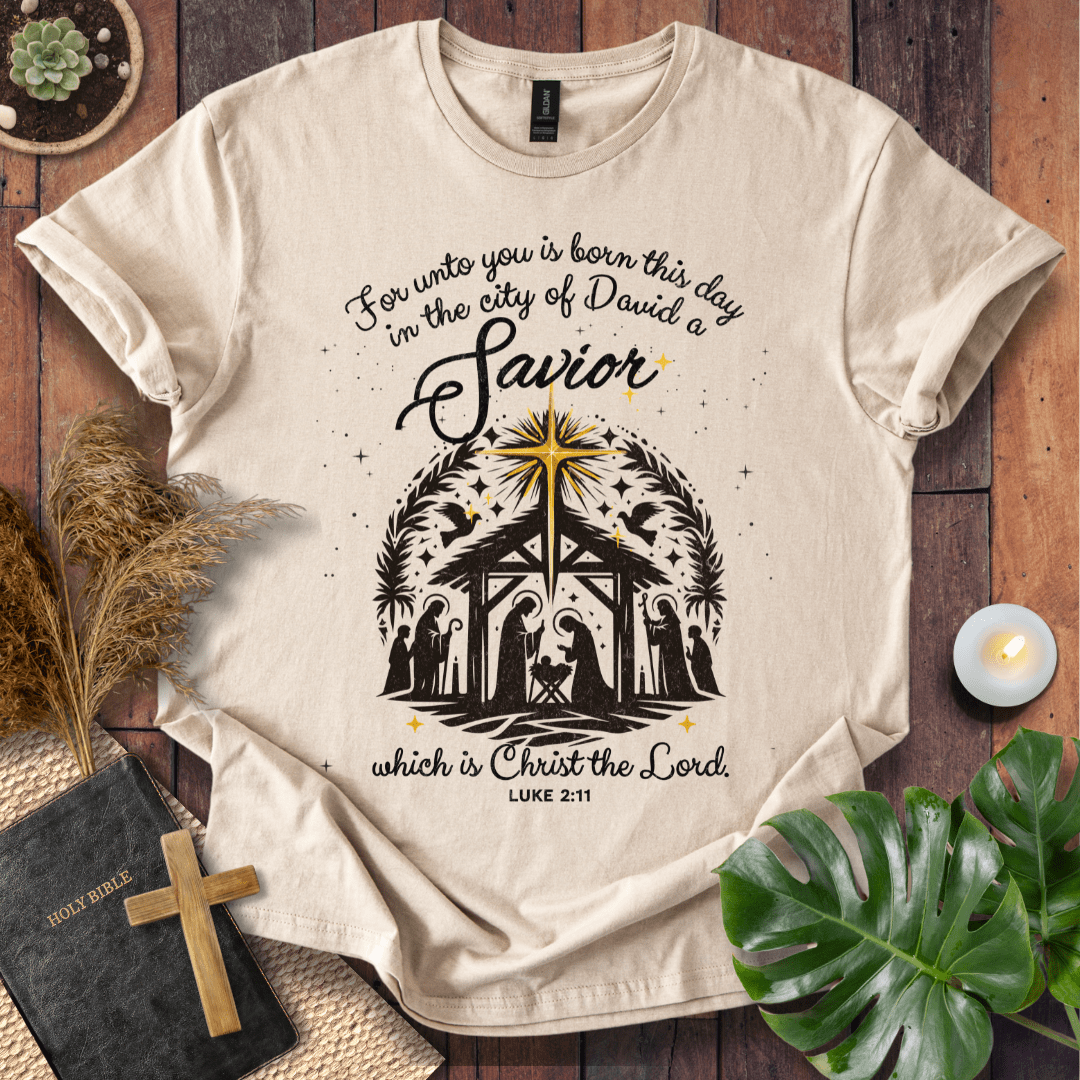For Unto You Is Born This Day Luke 2:11 Christian Christmas t-shirt with nativity design