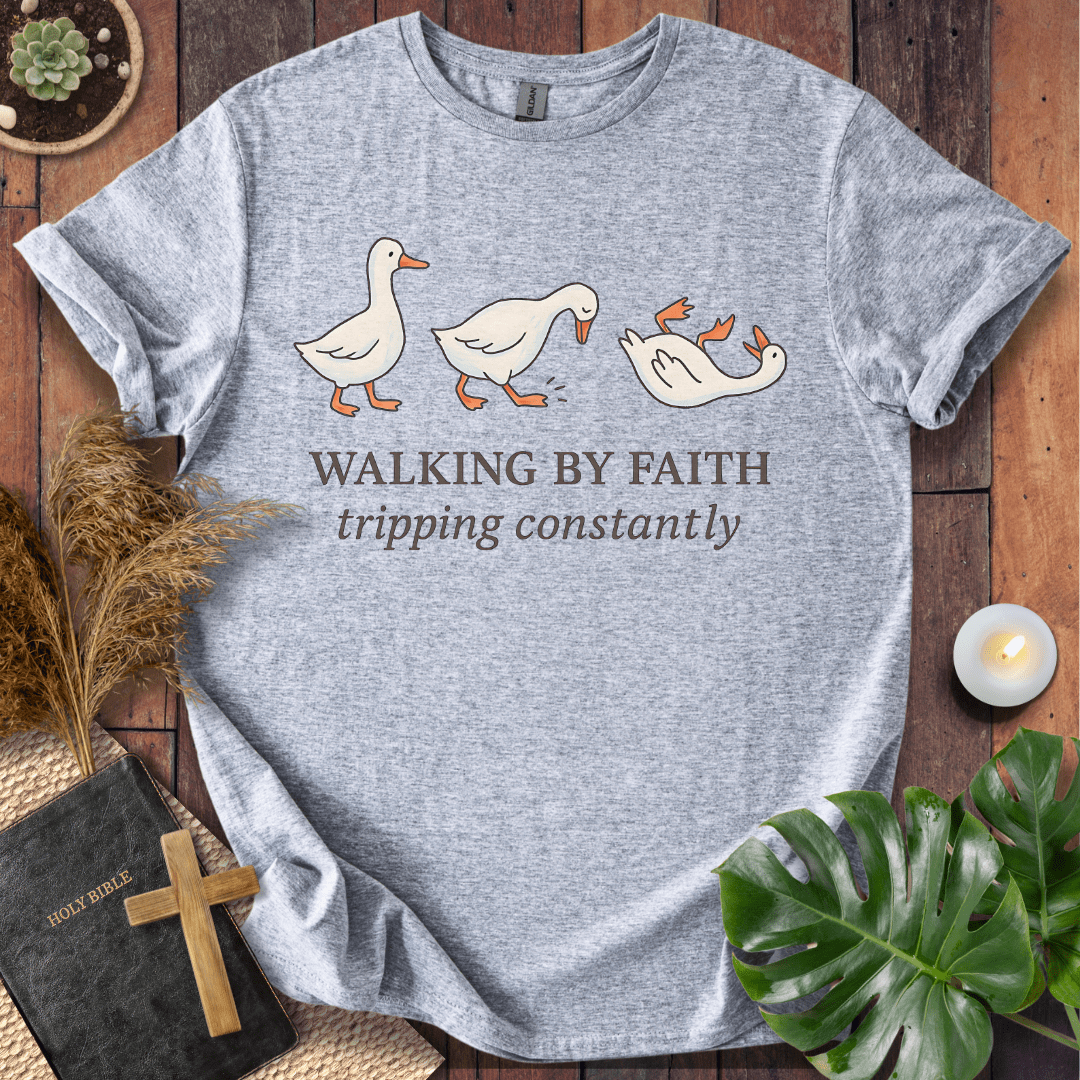 “Funny Christian t-shirt with duck graphic – Walking By Faith Tripping Constantly design”