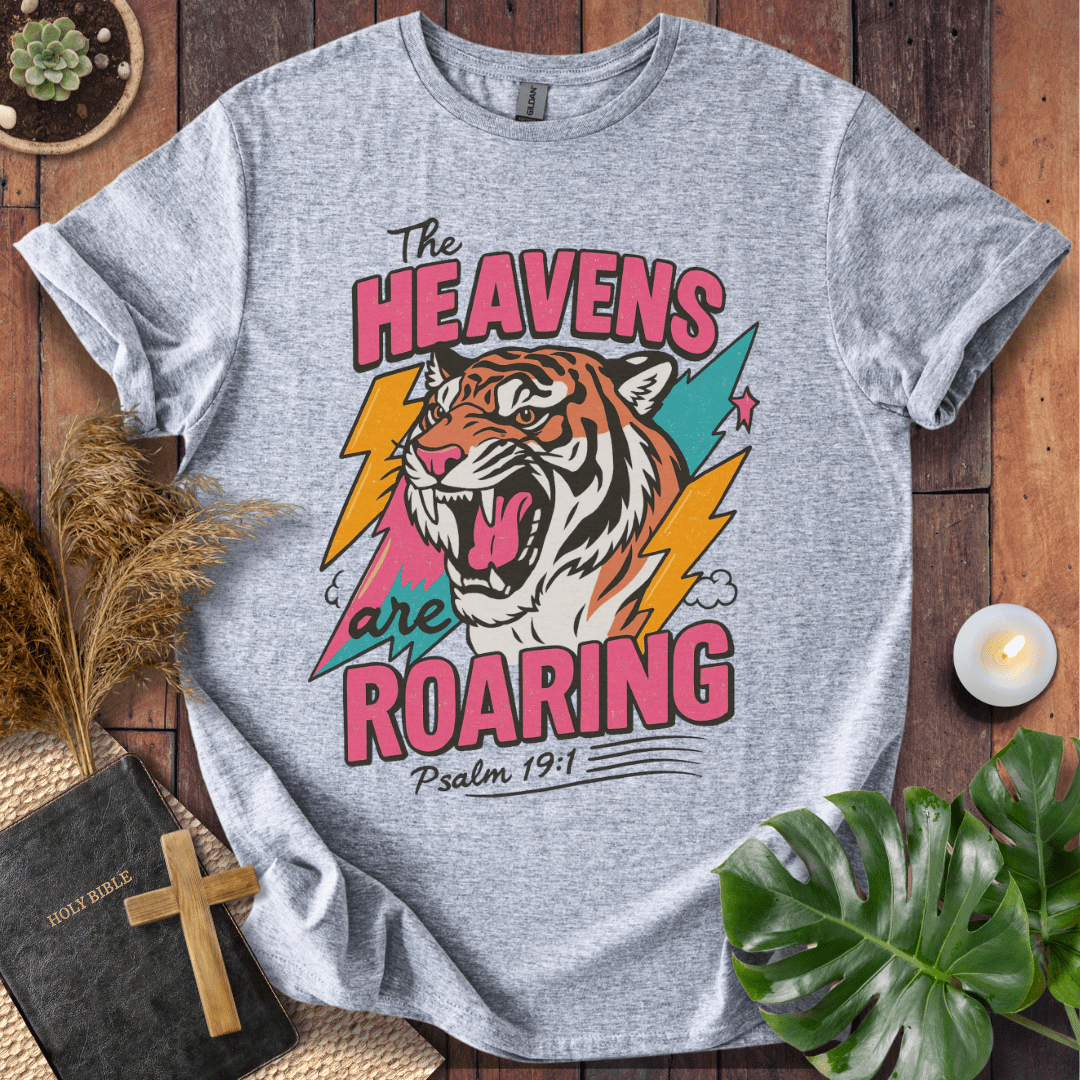 The Heavens Are Roaring Psalm 19:1 retro tiger and lightning Christian t-shirt; bold worship shirt.