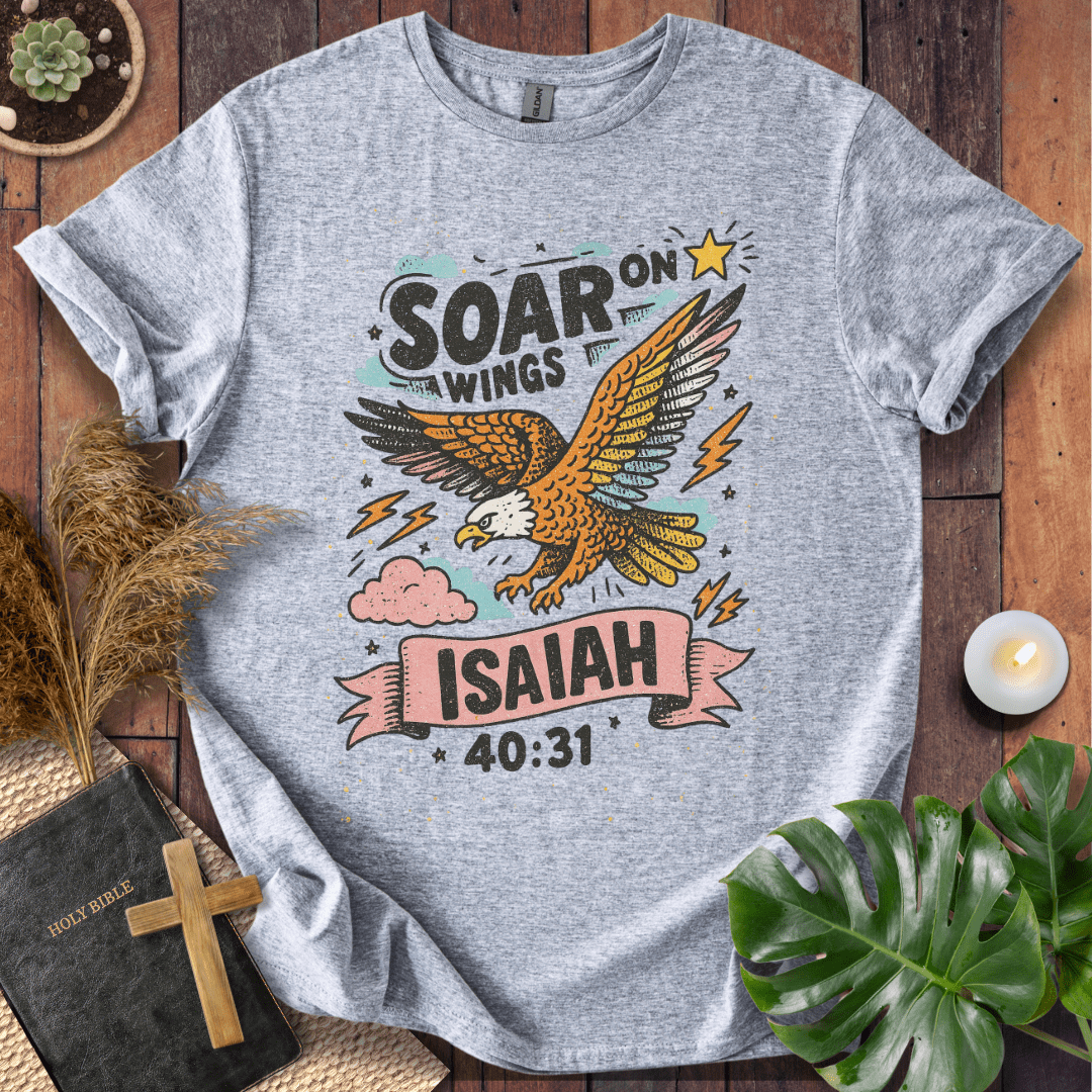 “Soar on Wings” Isaiah 40:31 Christian t-shirt with flying eagle, stars, and lightning—uplifting scripture design.