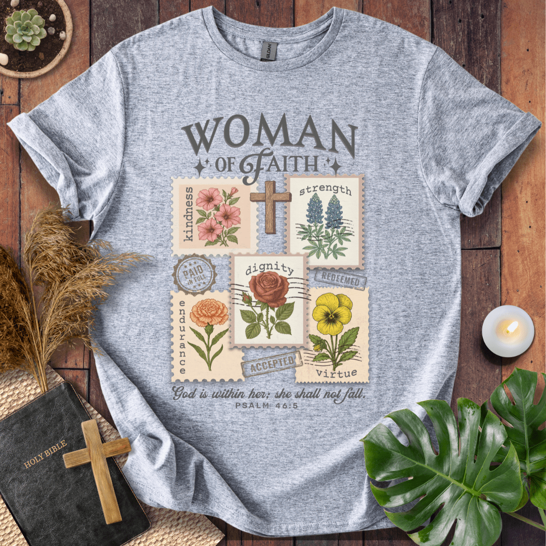 “Woman of Faith Christian t-shirt with floral cross and Psalm 46:5 Bible verse”