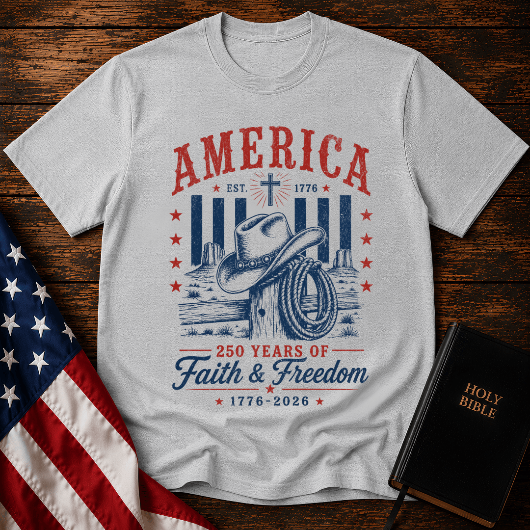Patriotic Western graphic tee named featuring a cowboy hat, lasso, cross, and "250 Years of Faith & Freedom".