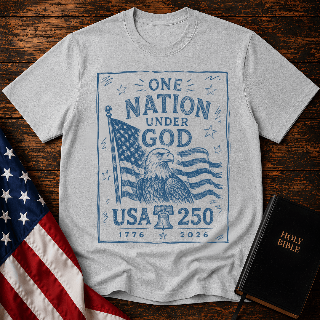 USA 250 Christian t shirt featuring a blue sketch design of a bald eagle, American flag, and Liberty Bell.