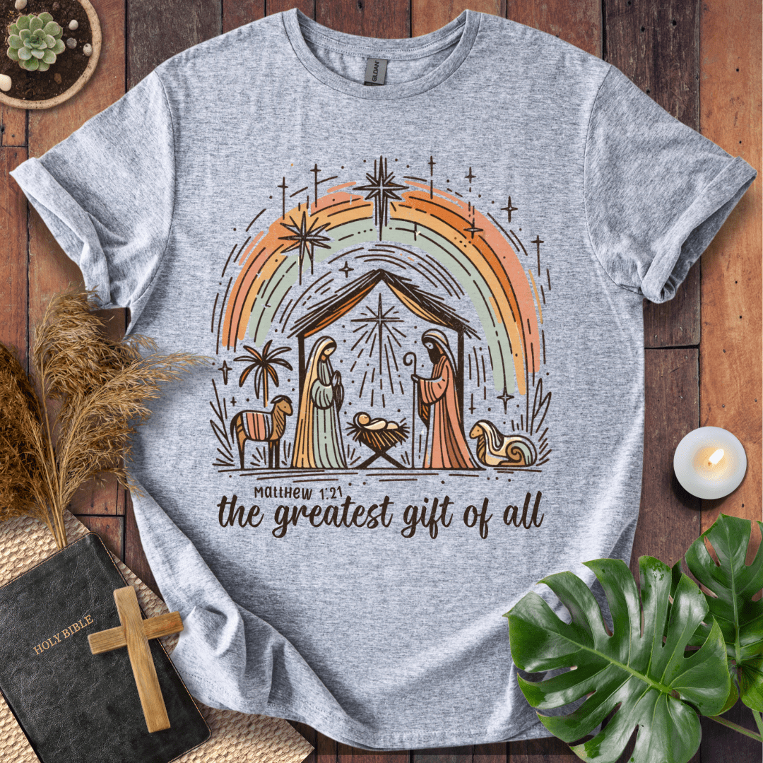 Faith Christmas shirt featuring hand-drawn manger scene – religious holiday tee