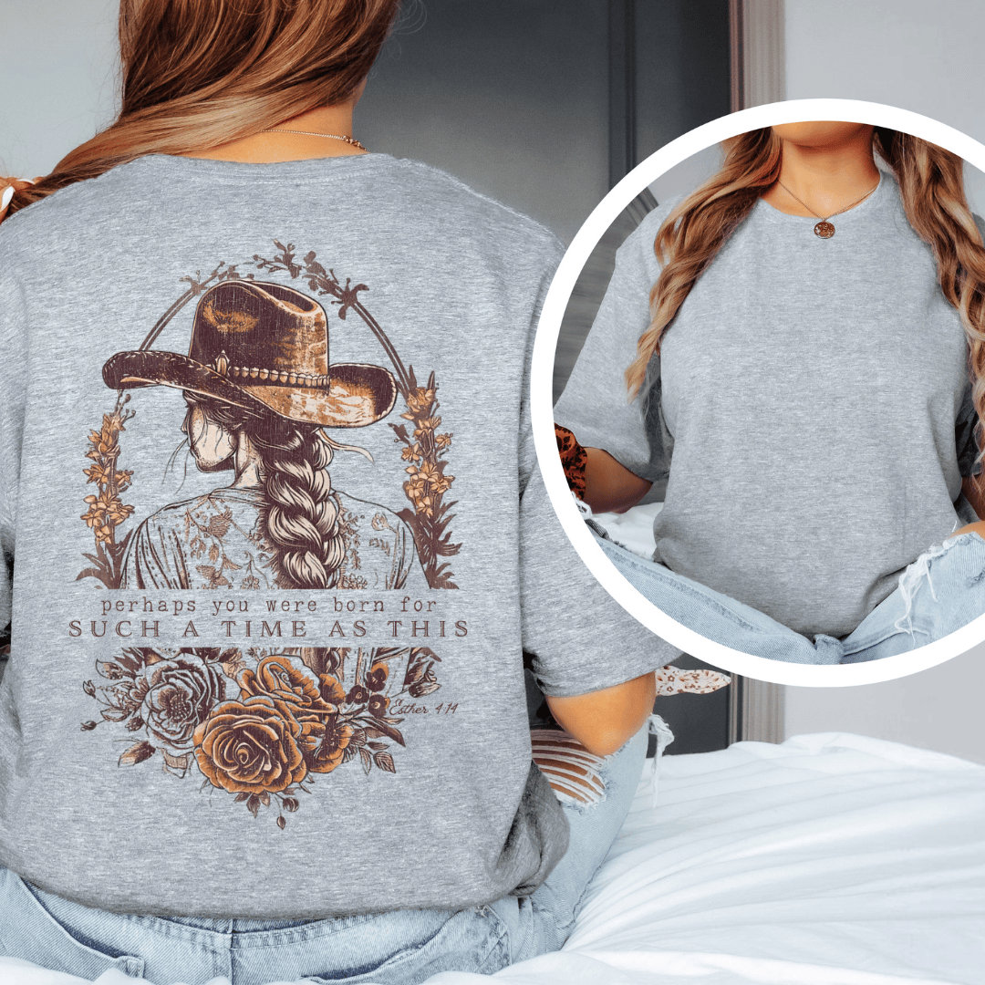 Christian t-shirt featuring a Western girl with a braid and cowboy hat surrounded by roses and Esther 4:14 text.