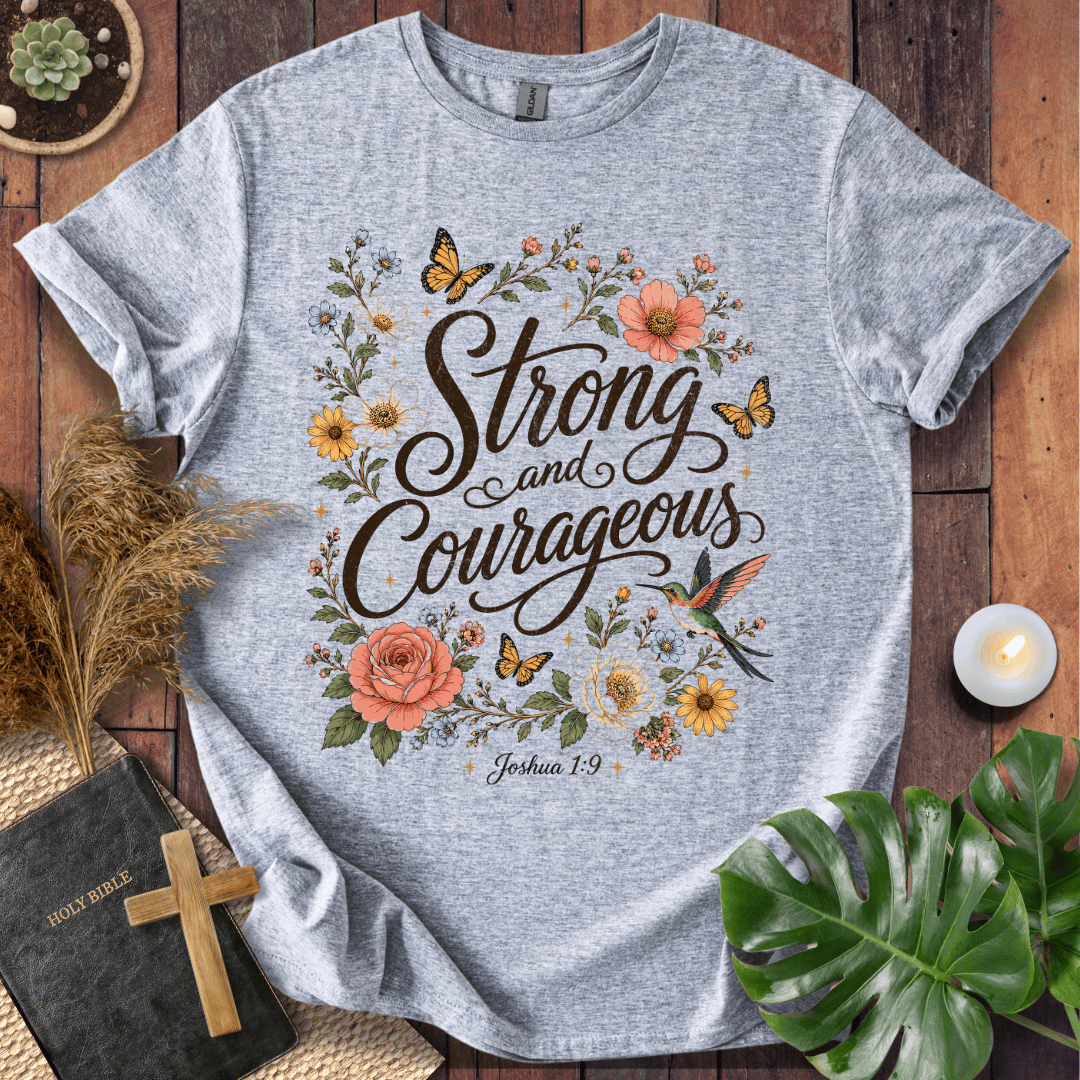 Joshua 1:9 Strong and Courageous vintage wildflower graphic tee with butterflies on