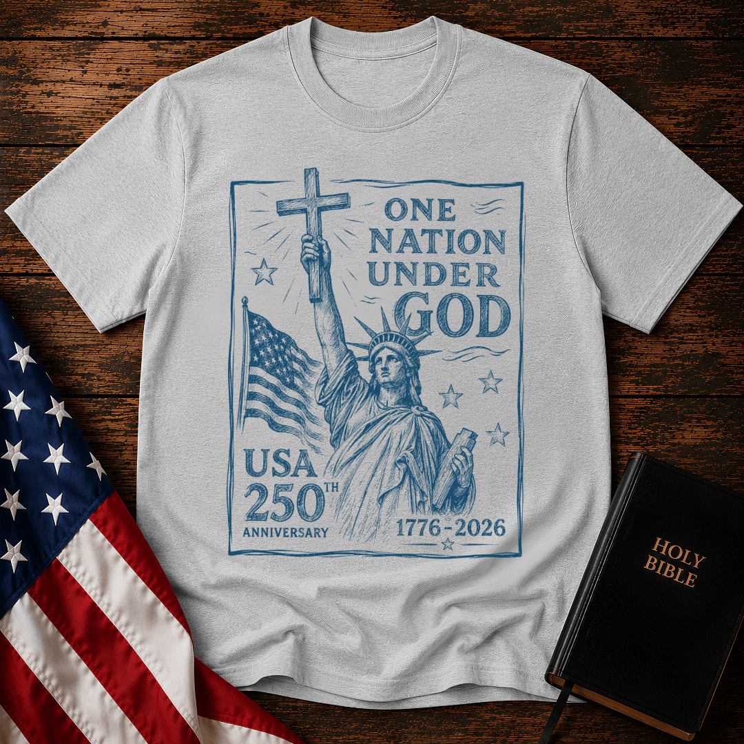 Statue of Liberty holding a cross on a patriotic Christian t shirt next to an American flag and Holy Bible.