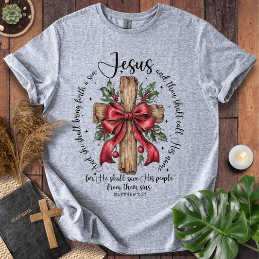 Faith Christmas shirt with Scripture Matthew 1:21 – religious holiday tee