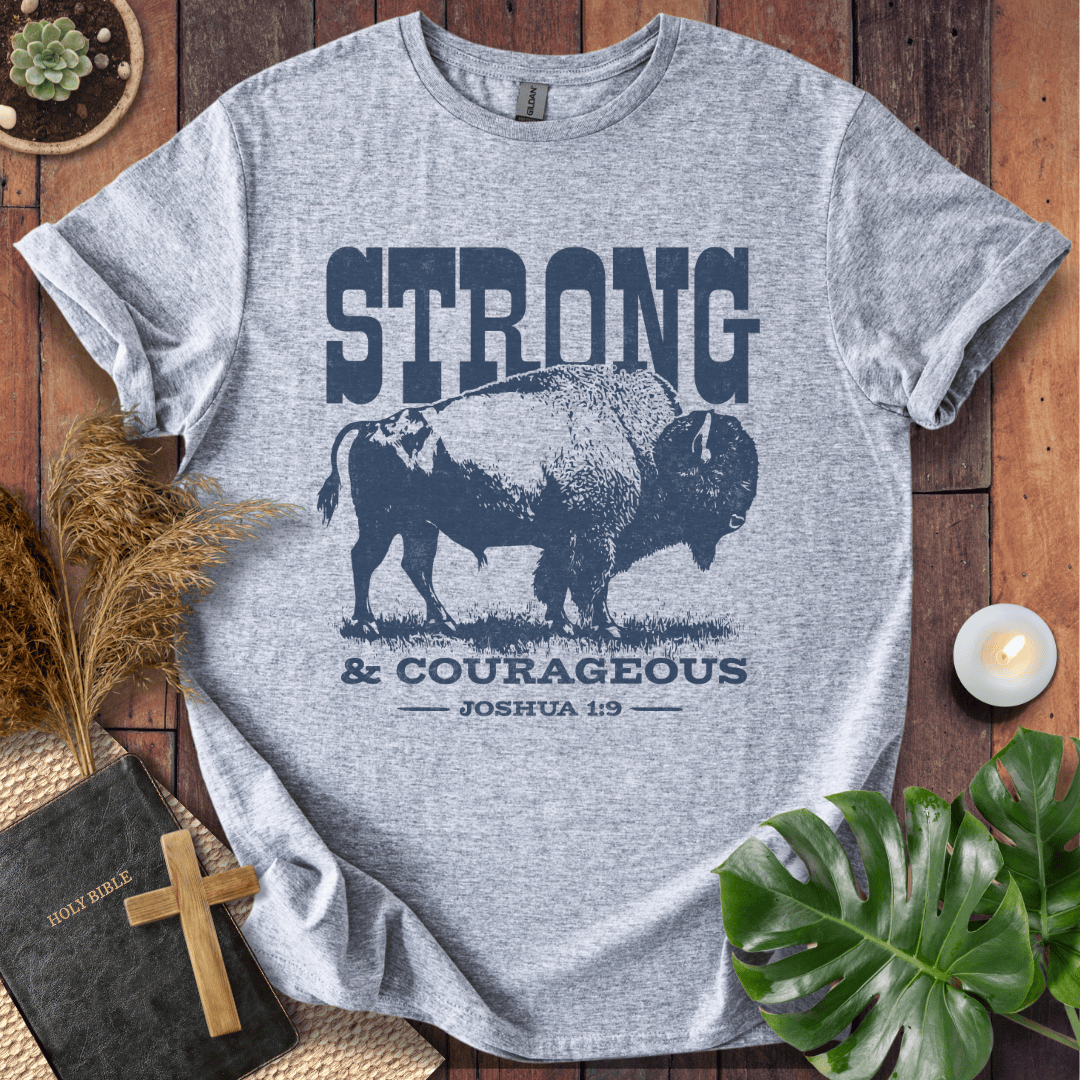 Christian t shirts featuring a vintage bison graphic and the Joshua 1:9 scripture "Strong and Courageous."