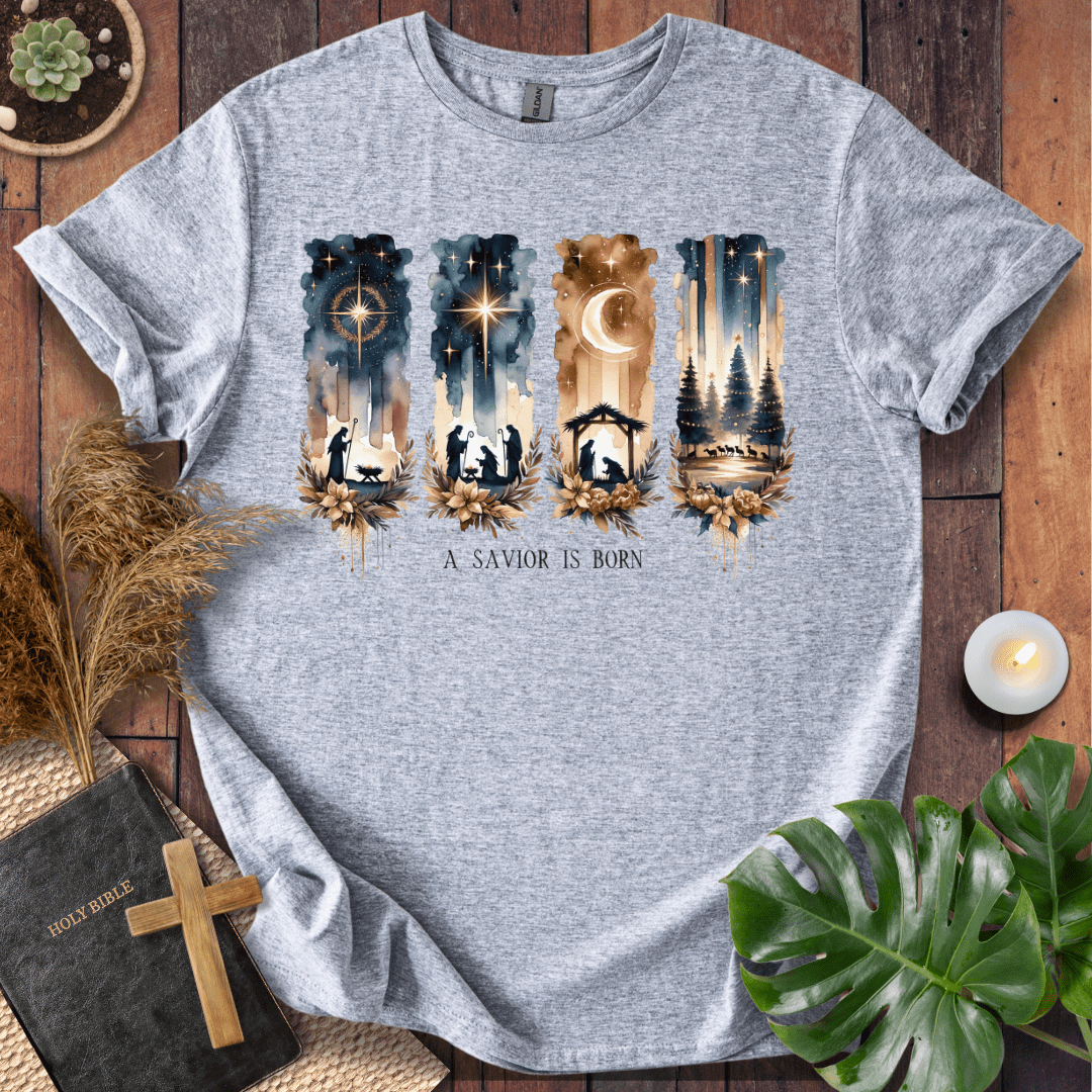 A Savior Is Born Christian Christmas t-shirt with watercolor nativity design