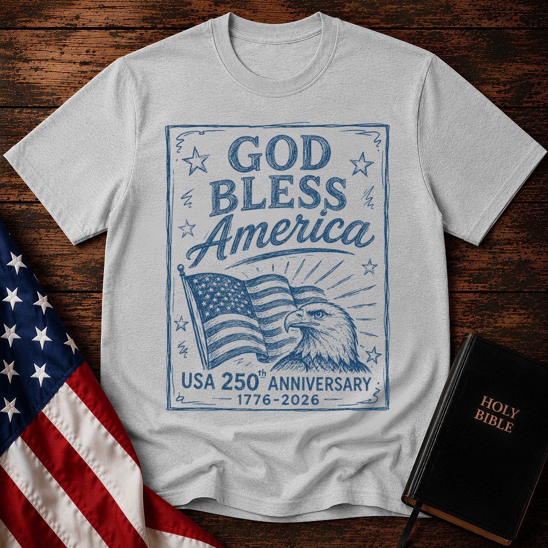 God Bless America USA 250th Anniversary t-shirt with a blue sketch of a bald eagle and American flag next to a Bible.