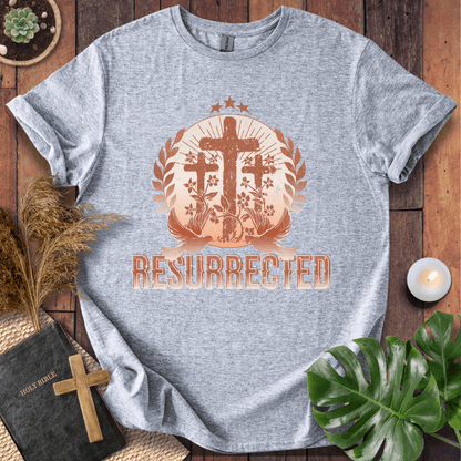 Easter t-shirt with three crosses and Resurrected text, Christian t shirts for women in vintage rust colors.