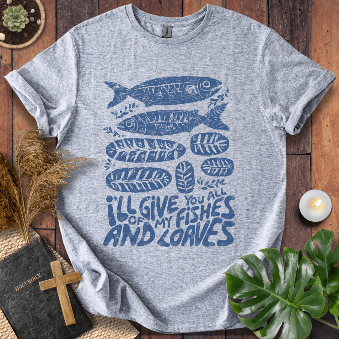 Fishes and loaves Christian t-shirt—hand-drawn fish and bread graphic, John 6.
