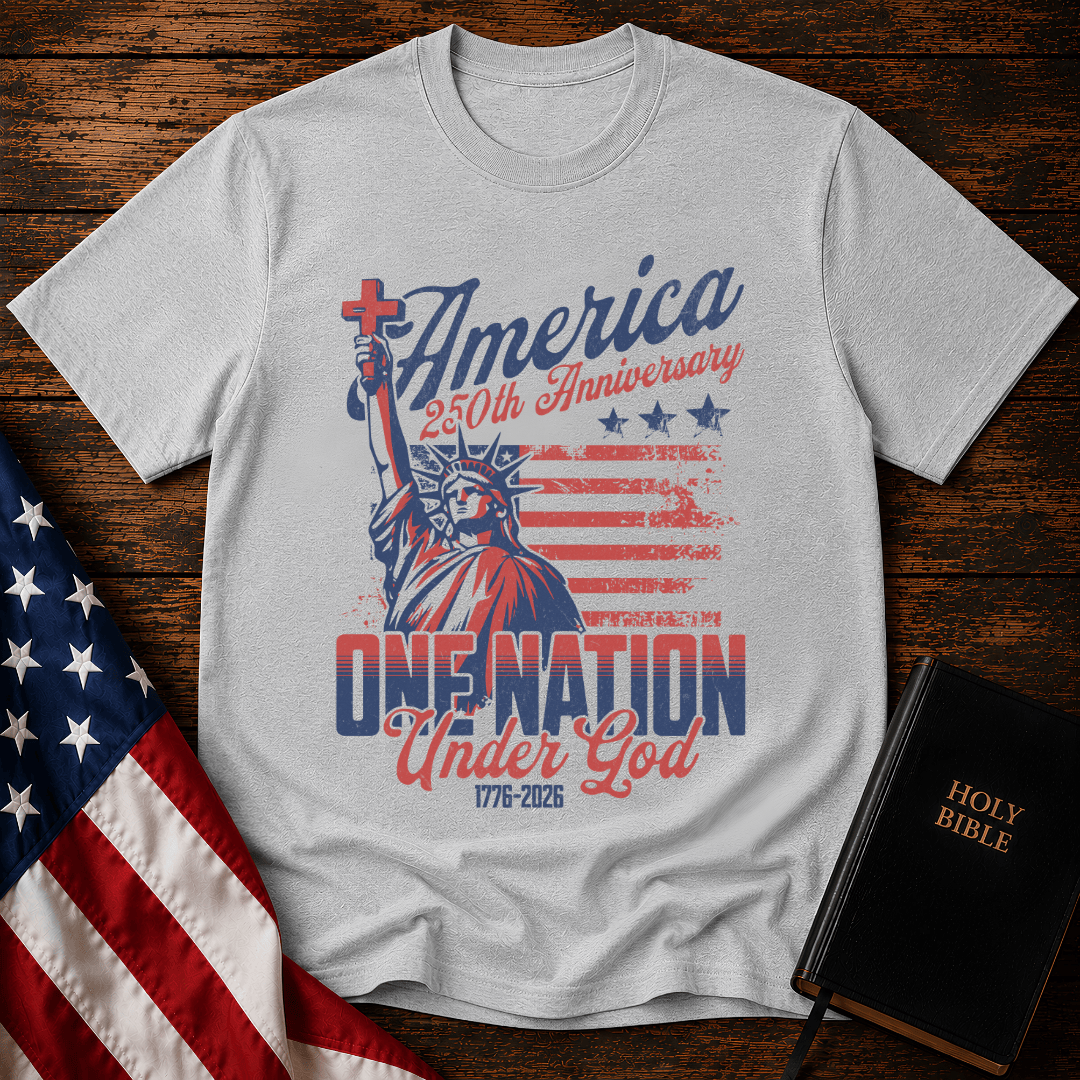 Patriotic Christian t shirts featuring the Statue of Liberty holding a cross with the American flag.