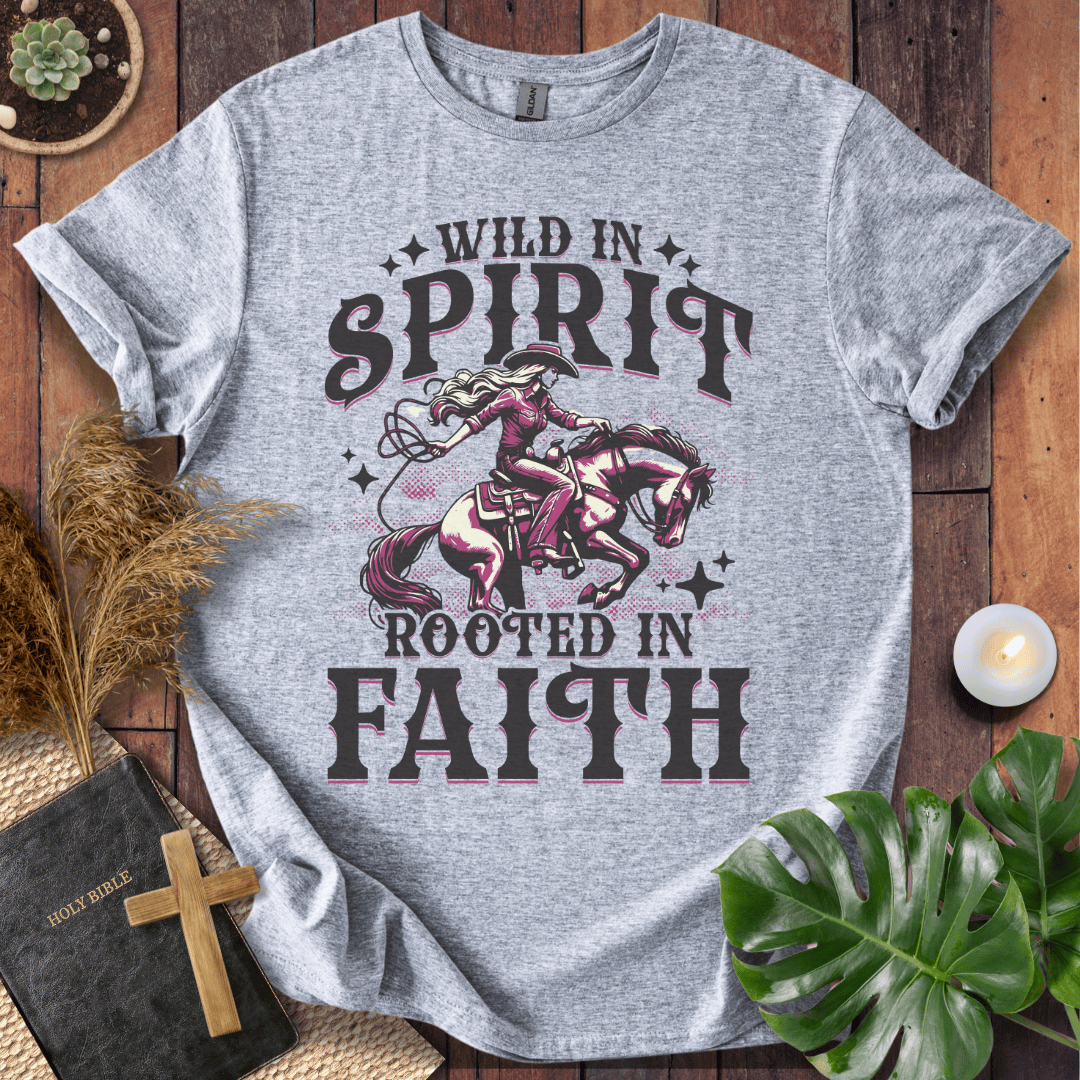 Wild in Spirit Rooted in Faith Christian t-shirt for women with cowgirl design