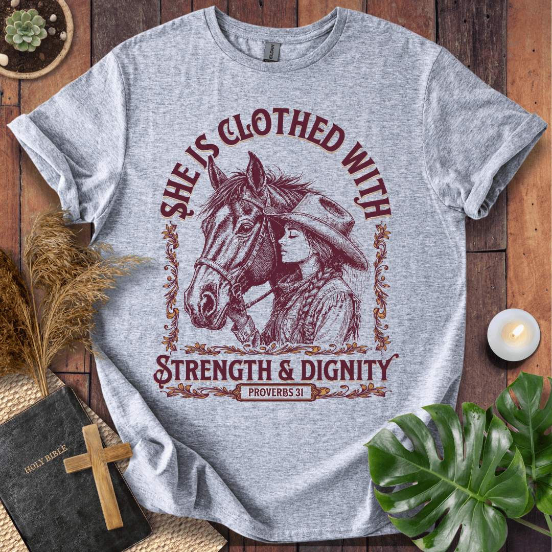Cowgirl Christian shirt with Scripture design – Strength and Dignity tee