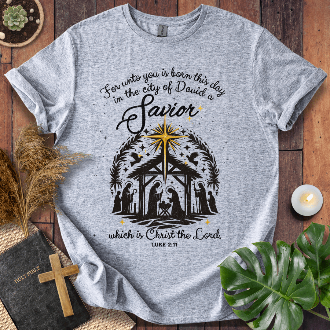 For Unto You Is Born This Day Luke 2:11 Christian Christmas t-shirt with nativity design