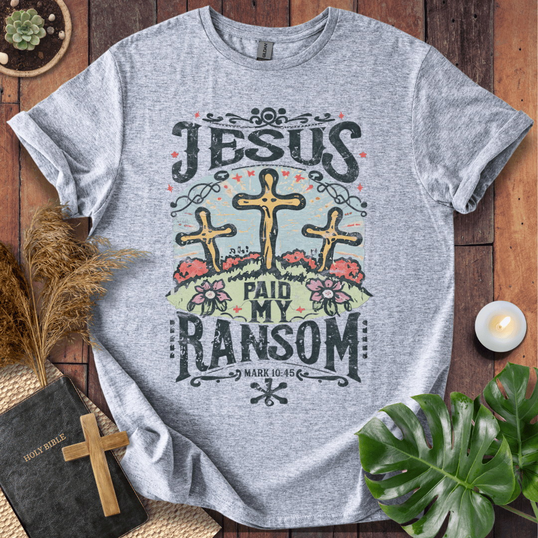 Easter Christian t shirts for women featuring three crosses and Mark 10:45 scripture with vintage floral details.
