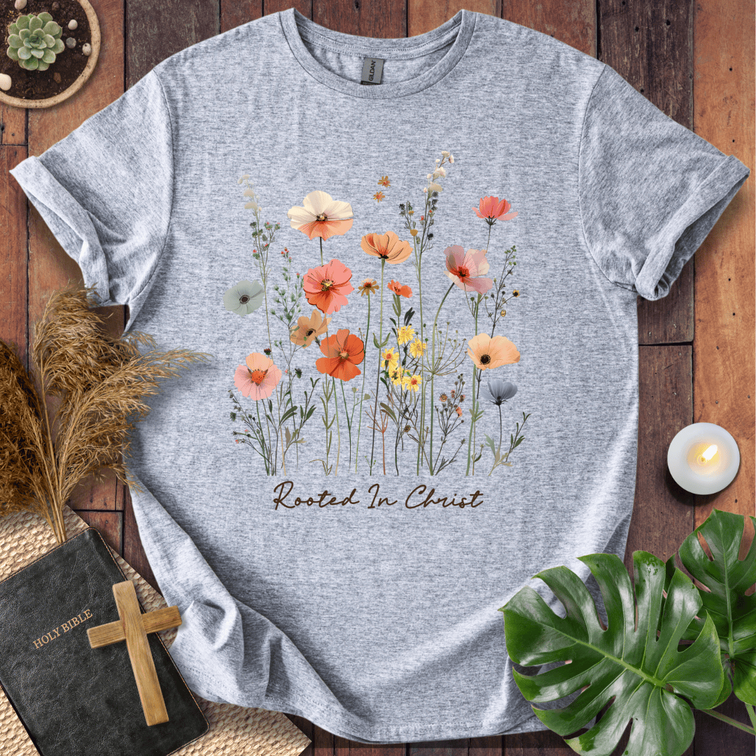 A heather gray short-sleeve T-shirt laid flat on a rustic wooden surface, featuring a watercolor-style floral print with orange, pink, yellow, and blue flowers and the words 'Rooted In Christ' below. Decorative props including a Bible, cross, dried grass, candle, and green leaves surround the shirt.