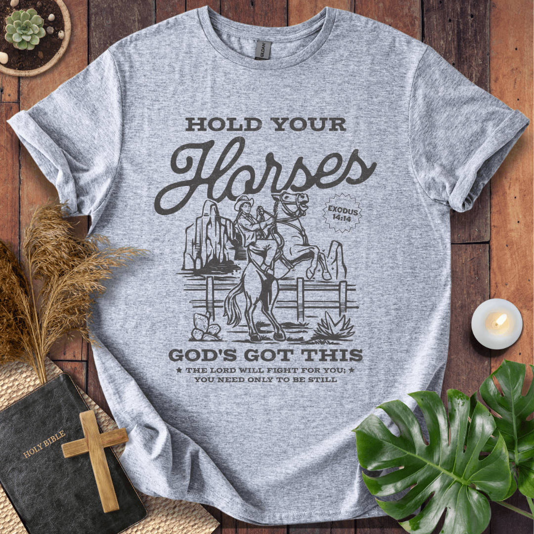 Vintage t-shirt with a cowgirl on a rearing horse and Exodus 14:14 bible verse scripture for women's western style.