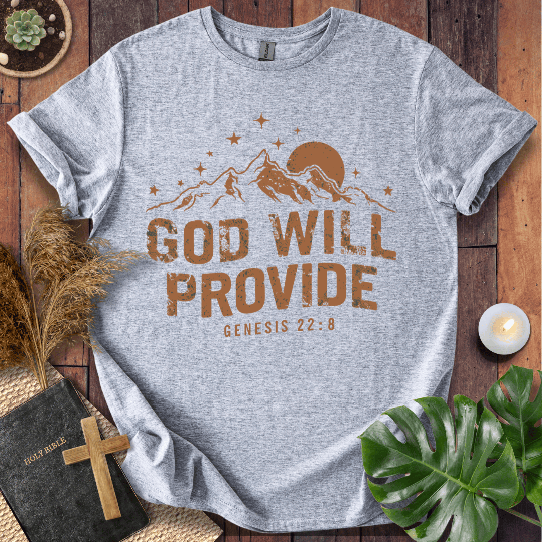 God Will Provide Genesis 22:8 bible verse shirts with mountains and stars on a western graphic tee.