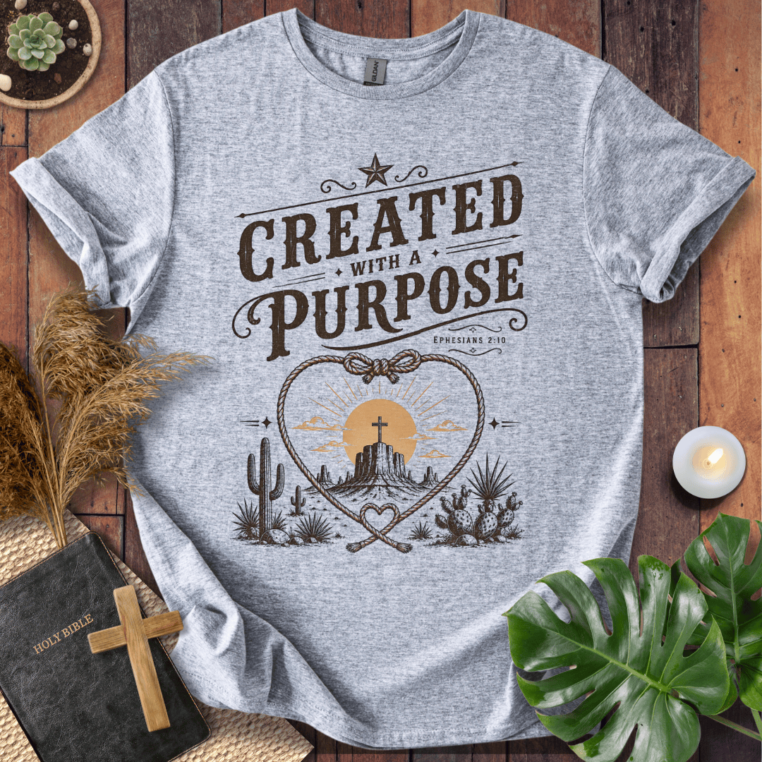 Christian Western t-shirt displaying "Created with a Purpose Ephesians 2:10" with a cross on a desert mesa inside a rope heart.