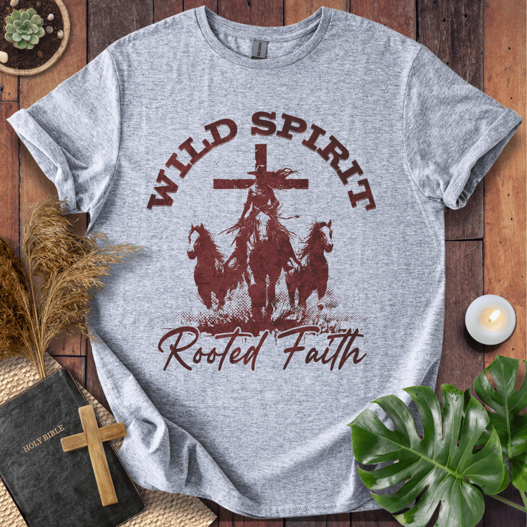 Cowgirl riding a horse in front of a cross with horses running, "Wild Spirit Rooted Faith" text on a tshirt.