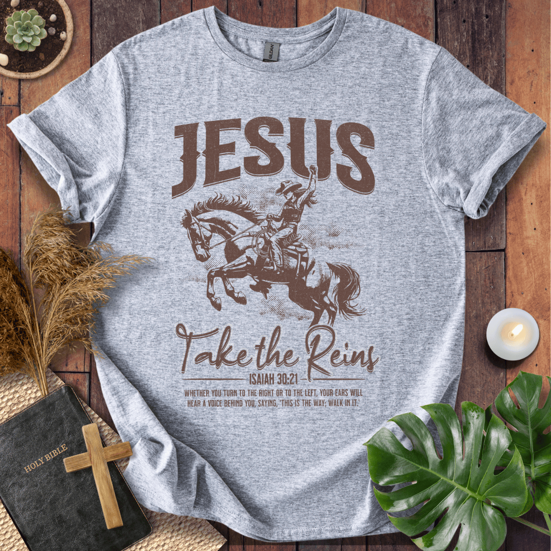 Vintage cowgirl on a horse graphic tee with Isaiah 30:21 bible verse on a shirt for western Christian style.