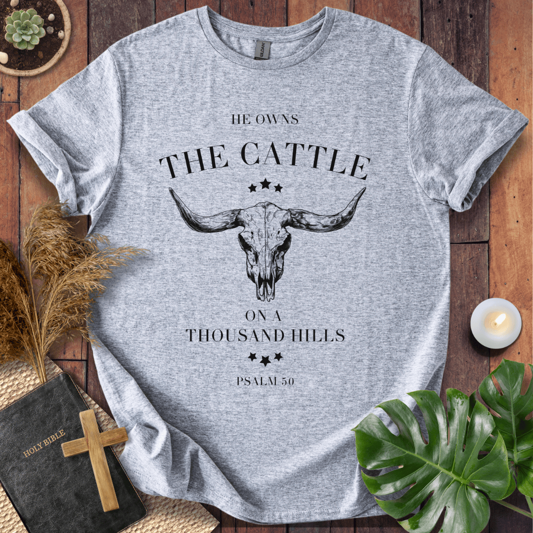 Minimalist cow skull graphic tee with Psalm 50 bible verse on shirt for women with western ranch style.