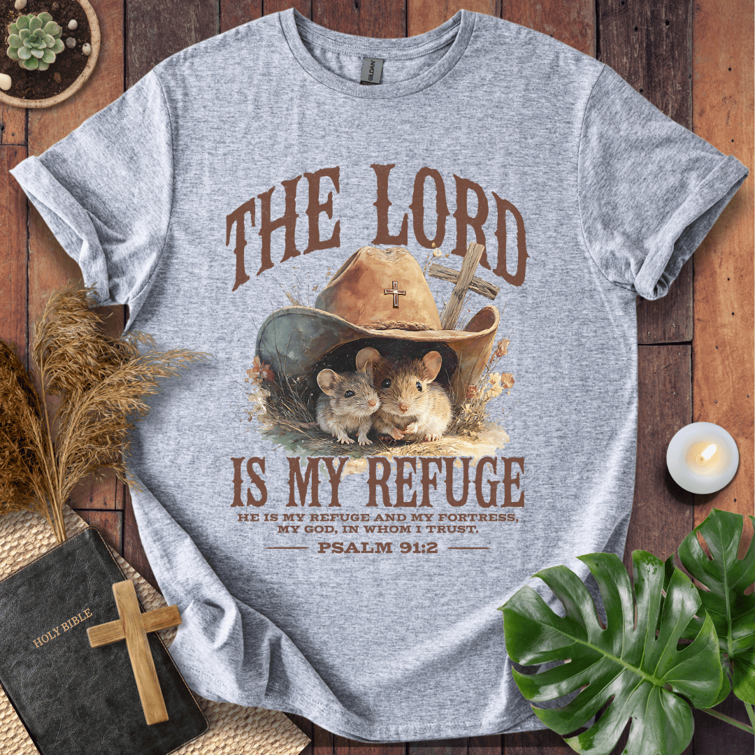 Two mice under a cowboy hat with a cross on a t-shirt. Psalm 91:2 text. Rustic Western Christian shirts for women.