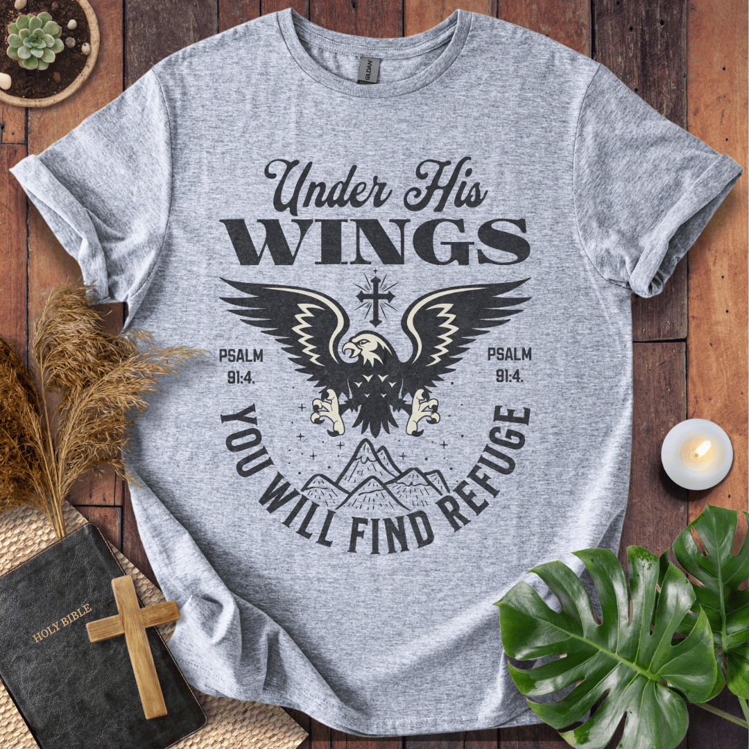 t-shirt with a vintage eagle, mountains, and Psalm 91:4 scripture text "Under His Wings You Will Find Refuge."