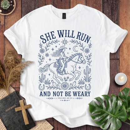 Isaiah 40:31 She Will Run scripture quote on a shirt featuring a navy line art cowgirl riding a horse.