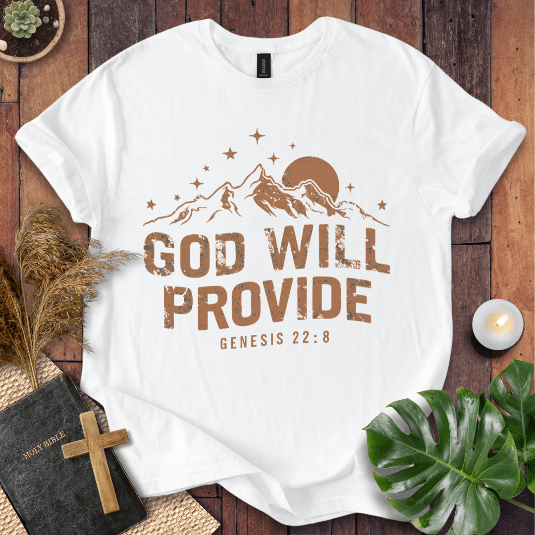 God Will Provide Genesis 22:8 bible verse shirts with mountains and stars on a western graphic tee.