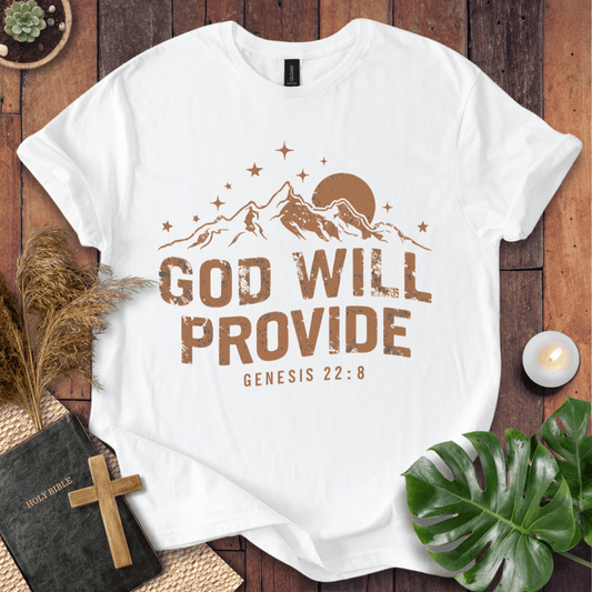 God Will Provide Genesis 22:8 bible verse shirts with mountains and stars on a western graphic tee.