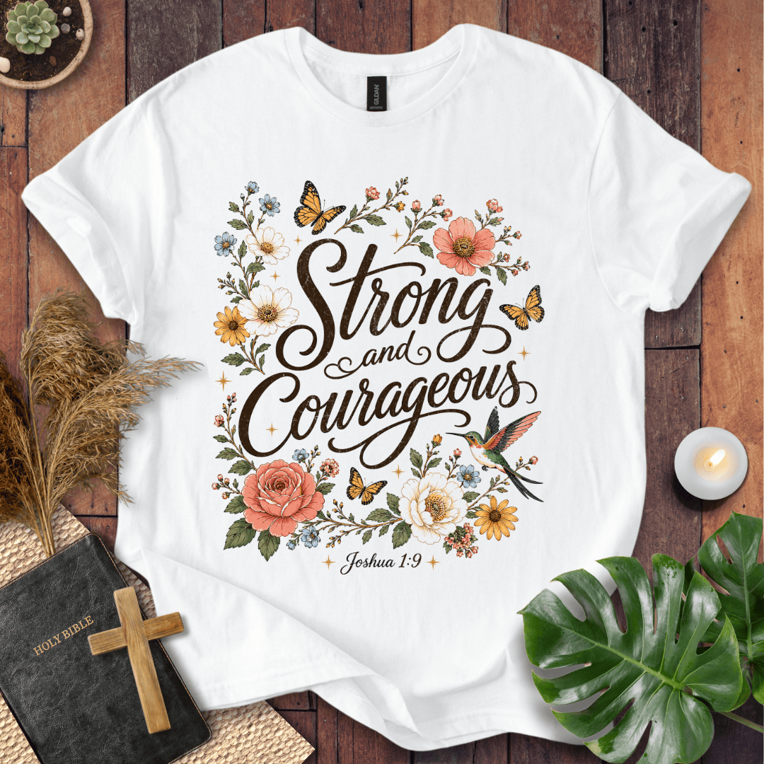 Joshua 1:9 Strong and Courageous vintage wildflower graphic tee with butterflies on