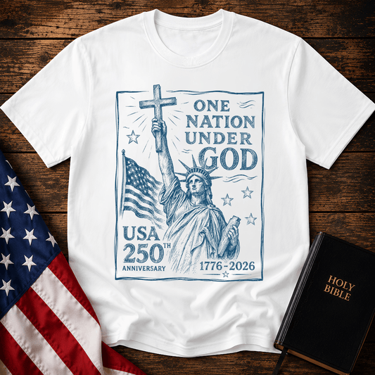 Statue of Liberty holding a cross on a patriotic Christian t shirt next to an American flag and Holy Bible.