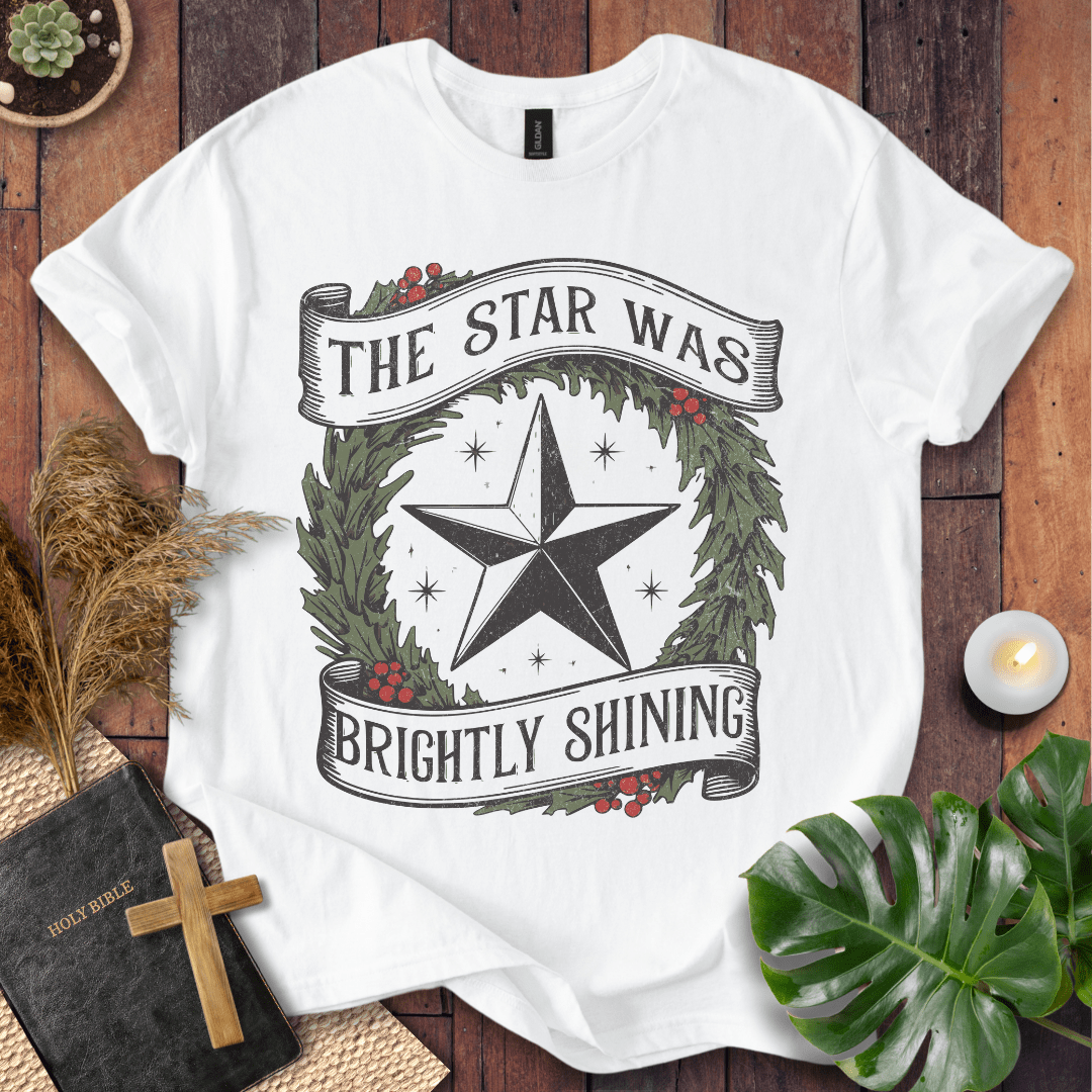 The Star Was Brightly Shining Christian Christmas t-shirt with wreath and star design