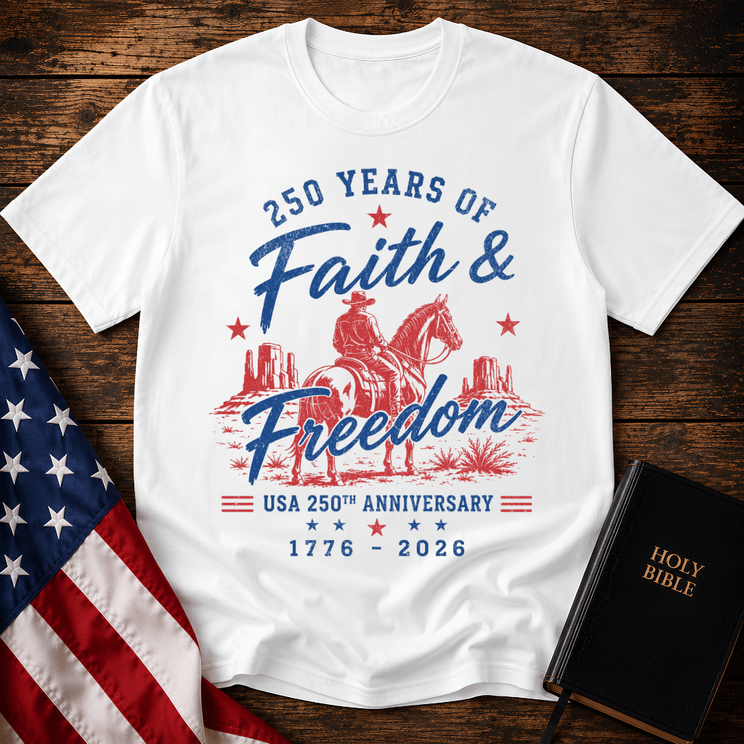 Christian t shirt for women featuring a cowboy on a horse looking at canyon mesas with Faith & Freedom text.