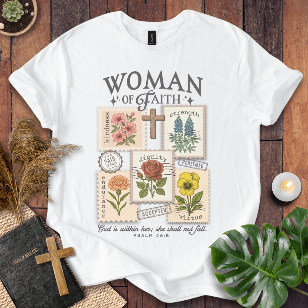 “Woman of Faith Christian t-shirt with floral cross and Psalm 46:5 Bible verse”