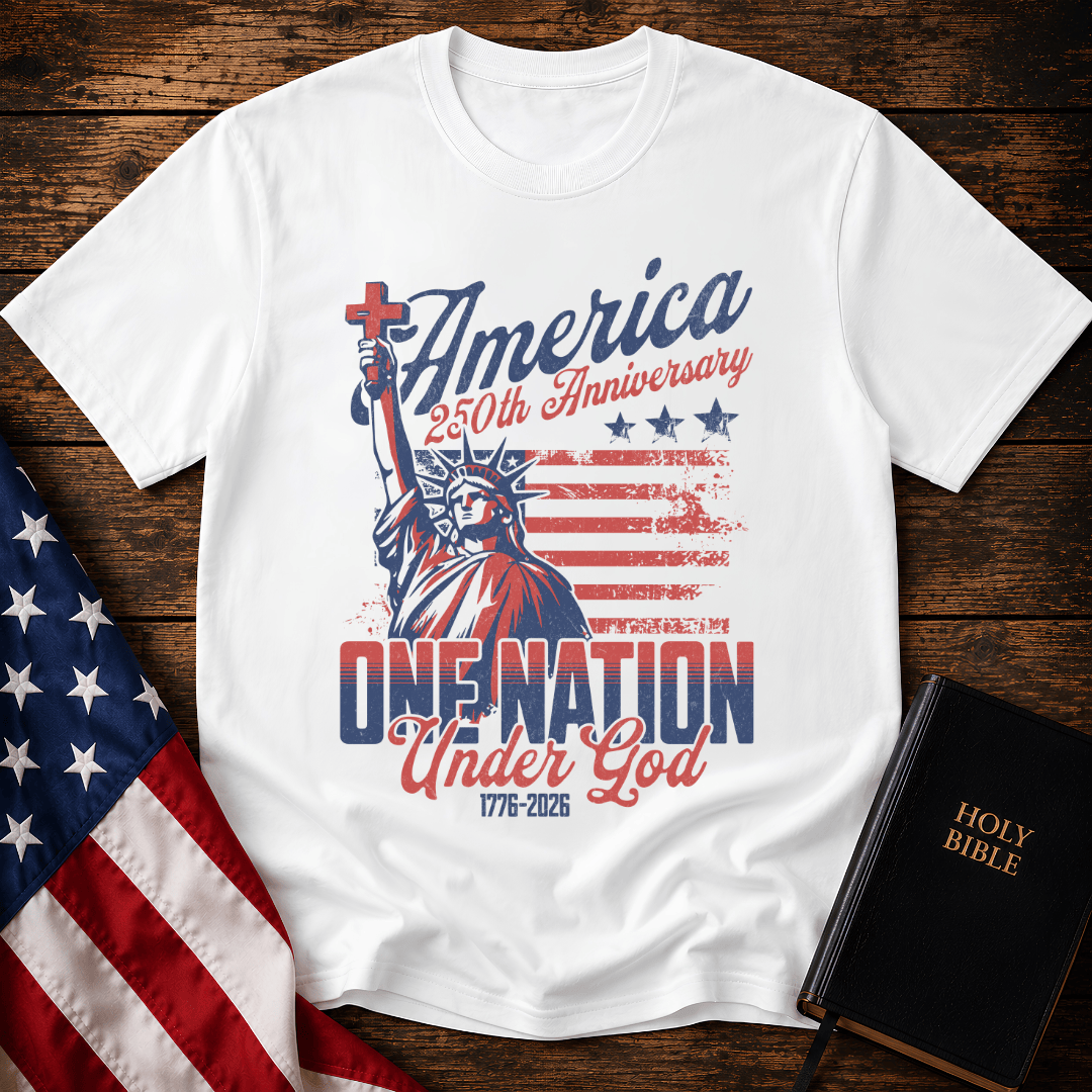 Patriotic Christian t shirts featuring the Statue of Liberty holding a cross with the American flag.