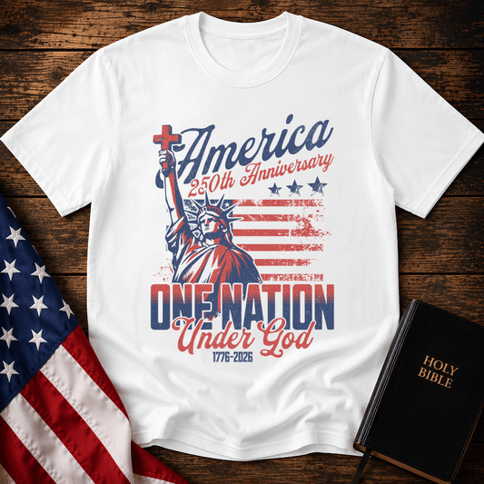 Patriotic Christian t shirts featuring the Statue of Liberty holding a cross with the American flag.
